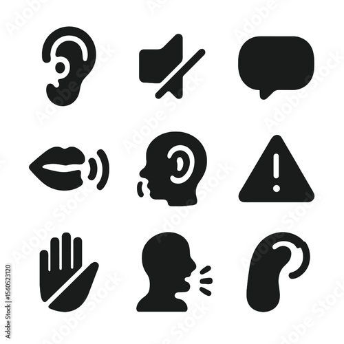 Auditory Symbols Grid. Solid, filled icon set of auditory symbols for students: ear icon, sound off icon, voice bubble, mouth with