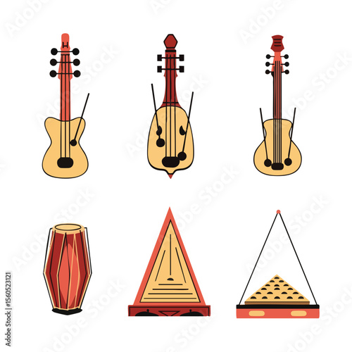 Flat Style Detailed Stringed and Percussion Musical Instrument Illustration Set