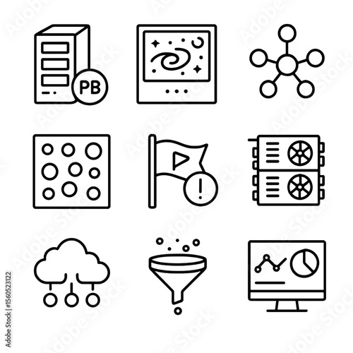 Big Data Astronomy Icons. Outline icon set of big-data astronomy analytics: petabyte data server, sky survey database, clustering