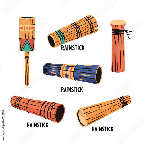 Decorative Handcrafted Wooden Rainstick Musical Instrument Collection Illustration