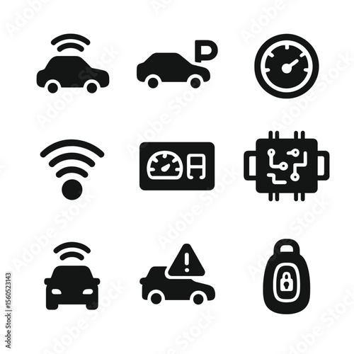 Automotive Icon Set. Solid, filled icon set of automotive automation: self-driving car, parking assist, cruise control, sensor