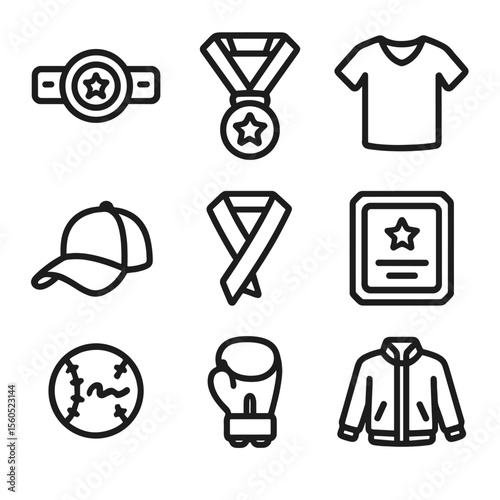 Champion's Gear Icons. Outline icon set of champion’s gear: championship belt, gold medal, team jersey, winner cap, victory sash,