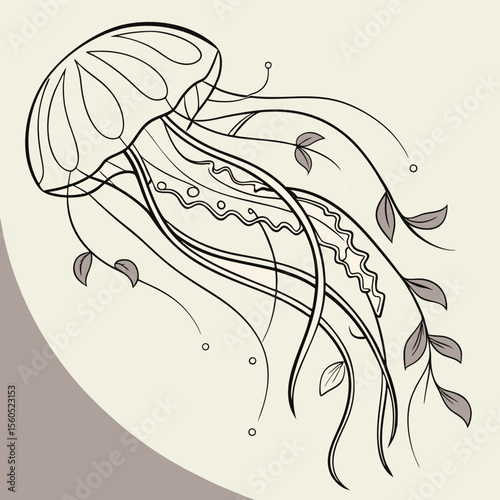 Stylized jellyfish illustration with flowing tentacles and leaf like details on a light background
