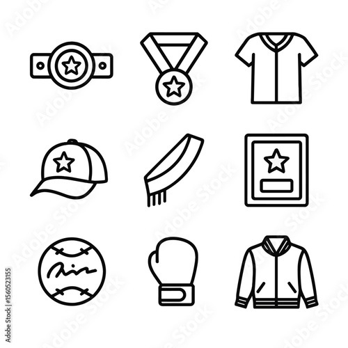 Champion's Gear Icons. Outline icon set of champion’s gear: championship belt, gold medal, team jersey, winner cap, victory sash,