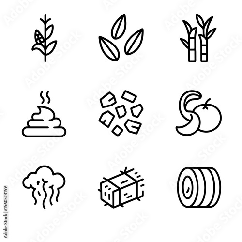 Biomass Feedstocks Icons. Outline icon set of biomass feedstocks: corn stalks, rice husks, sugarcane bagasse, animal manure, wood