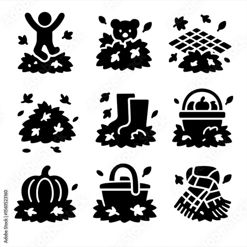 Autumn Icons Grid. Solid, Filled icon set of leaf pile scenes: jumping silhouette, hidden toy, picnic blanket, scattered leaves,