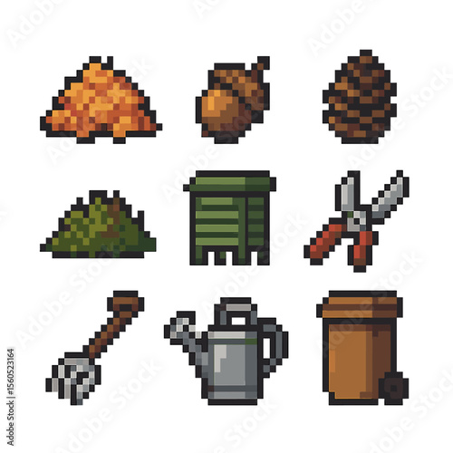 Autumn Cleanup Icons. Pixel art icon set of autumn yard cleanup: leaf pile, fallen acorn, pine cone, grass clippings, compost bin,