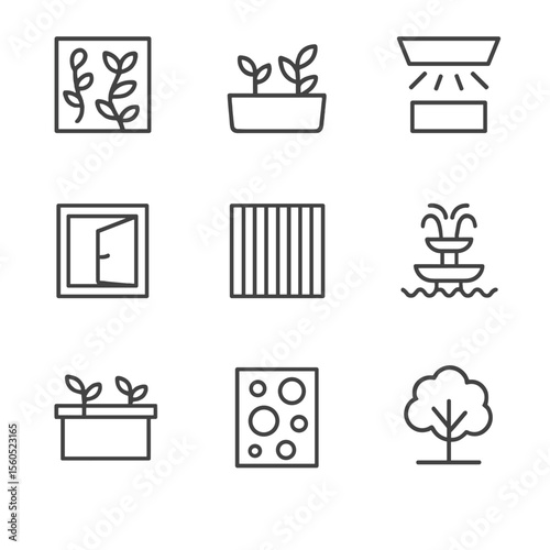 Biophilic Design Icons. Outline icon set of biophilic building features: living green wall, indoor garden planter, natural