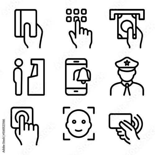 ATM Interaction Icons. Solid, filled icon set of customer interaction at ATM: hand holding card, finger pressing button, hand
