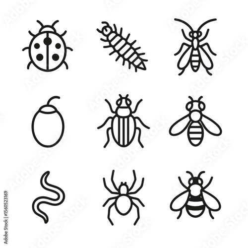 Beneficial Insects Icons. Outline icon set of beneficial insect predators: ladybug, lacewing larva, parasitic wasp, praying mantis