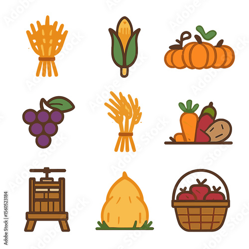 Autumn Harvest Icons. Flat icon set of seasonal harvest activities: wheat sheaf, corn stalk, pumpkin patch, grape cluster, rice