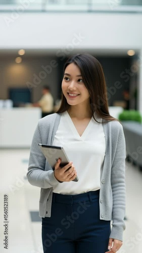 Japanese business woman walking through the office with a smile on her face