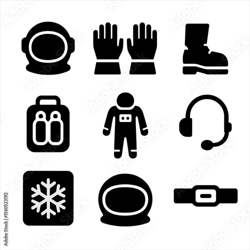 Astronaut Gear Icons. Solid, filled icon set of astronaut gear: helmet, gloves, boots, oxygen pack, communication headset, space