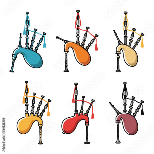 Colorful Handdrawn Bagpipe Musical Instrument Illustration Collection Set in Various Colors