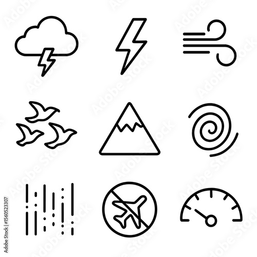 Aviation Challenges Icons. Outline icon set of obstacles and challenges in flight: storm cloud, lightning bolt, wind gust, bird