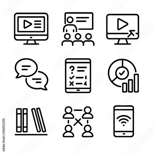 Blended Learning Icons. Outline icon set of blended learning curriculum: online module, classroom session, flipped video,