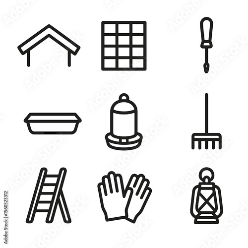 Chicken Coop Maintenance Icons. Outline icon set of chicken coop maintenance: coop roof, wire mesh panel, screwdriver, feed tray,
