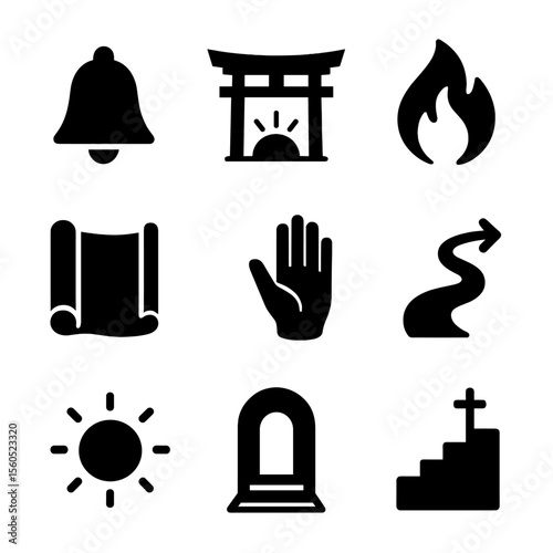 Awakening Symbols Icons. Solid, filled icon set of awakening symbols: bell chime, sunrise gate, flame of truth, opened scroll,