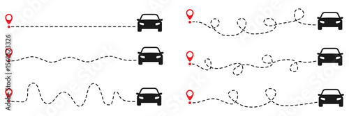 Car with dotted path and red location pin set. Travel concept. Vector illustration isolated on white.	