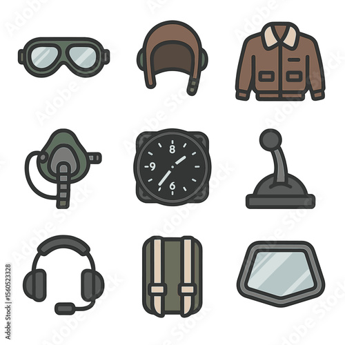 Aviation Gear Icons. Flat icon set of pilot and flight gear: aviator goggles, leather helmet, flight jacket, oxygen mask,