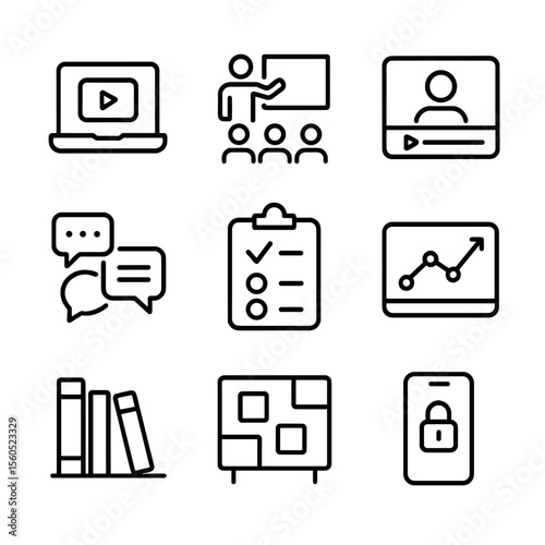 Blended Learning Icons. Outline icon set of blended learning curriculum: online module, classroom session, flipped video,