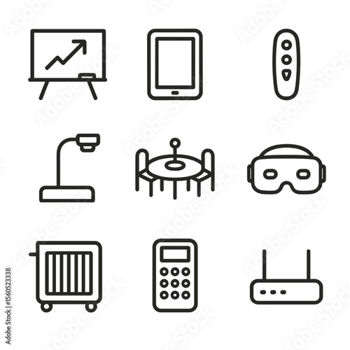 Blended Learning Icons. Outline icon set of blended learning stations: smartboard, student tablet, wireless presenter, document