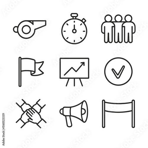 Boot Camp Icons. Outline icon set of boot camp group dynamics: trainer whistle, stopwatch, group huddle, motivational flag,