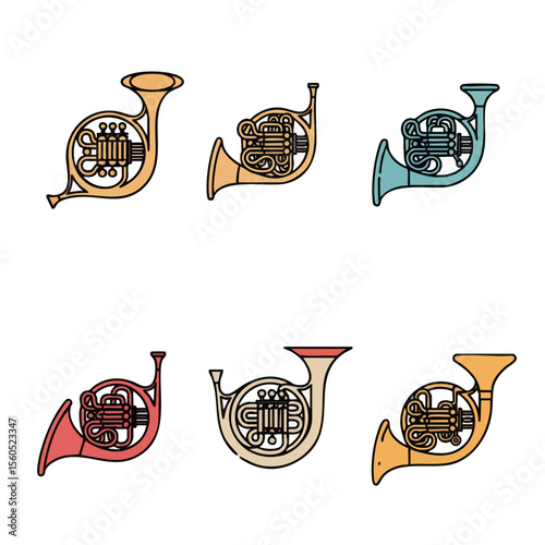 Handdrawn Variety French Horn Musical Instrument Set Isolated on White Background