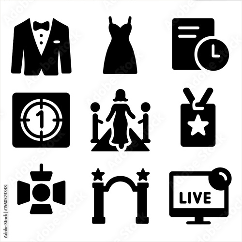 Award Night Icons. Solid, filled icon set of prestigious award night: tuxedo icon, evening gown, event schedule, film countdown,