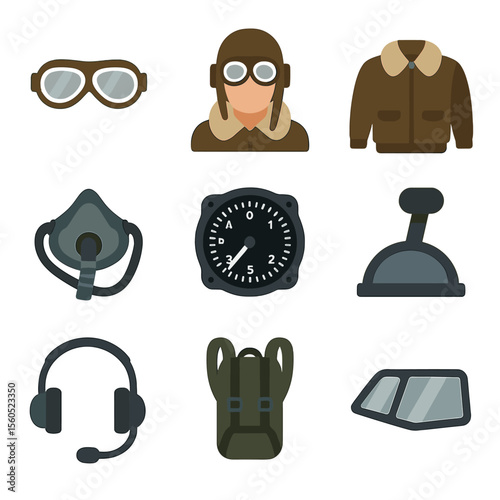 Aviation Gear Icons. Flat icon set of pilot and flight gear: aviator goggles, leather helmet, flight jacket, oxygen mask,