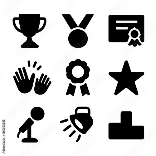 Awards Icon Set. Solid, filled icon set of awards and recognition on stage: trophy, medal, certificate, applause, ribbon, star