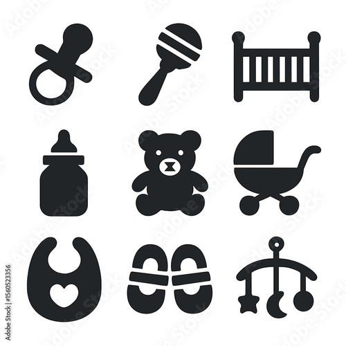 Baby Essentials Icons. Solid, filled icon set of pastel tone baby items: pacifier, rattle, crib, baby bottle, teddy bear, stroller