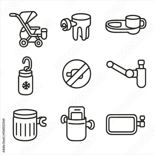 Baby Stroller Accessories. Outline icon set of stroller and baby cup holders: handlebar clamp, universal cup bracket, snack tray