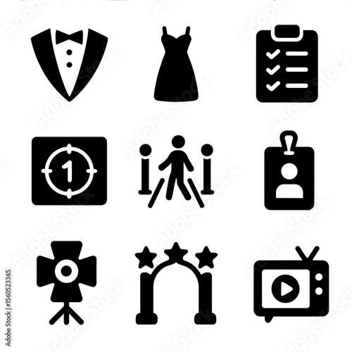 Award Night Icons. Solid, filled icon set of prestigious award night: tuxedo icon, evening gown, event schedule, film countdown,