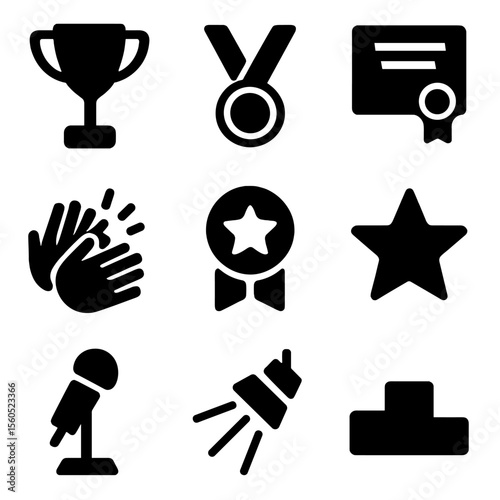 Awards Icon Set. Solid, filled icon set of awards and recognition on stage: trophy, medal, certificate, applause, ribbon, star