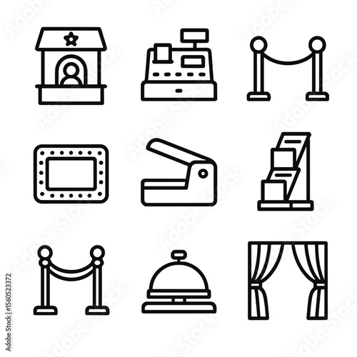 Box Office Icons. Outline icon set of box office essentials: ticket booth, cash register, queue barrier, marquee sign, ticket