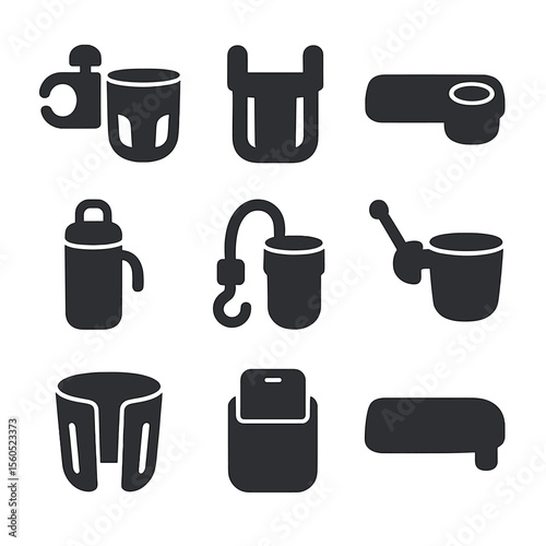 Baby Stroller Accessories. Flat icon set of stroller and baby cup holders: handlebar clamp, universal cup bracket, snack tray with