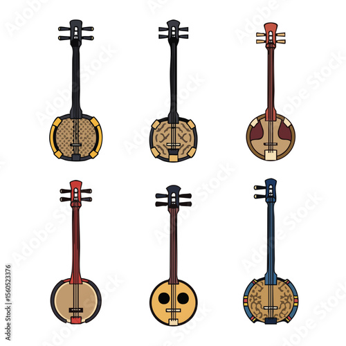 Colorful Flat Handdrawn Biwa Musical Instrument Collection Illustration