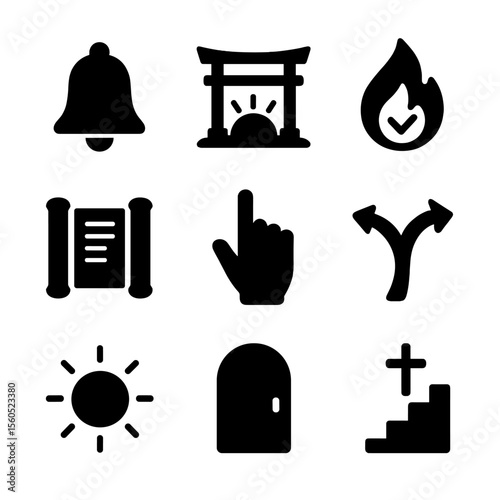 Awakening Symbols Icons. Solid, filled icon set of awakening symbols: bell chime, sunrise gate, flame of truth, opened scroll,
