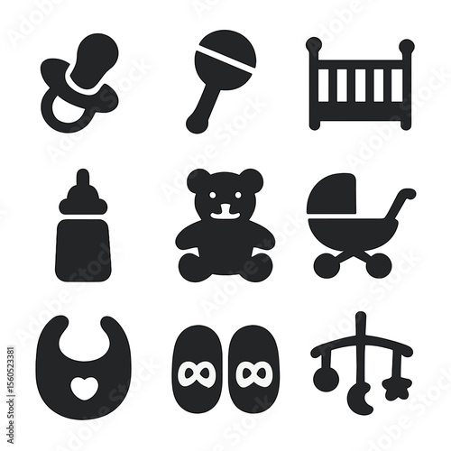 Baby Essentials Icons. Solid, filled icon set of pastel tone baby items: pacifier, rattle, crib, baby bottle, teddy bear, stroller
