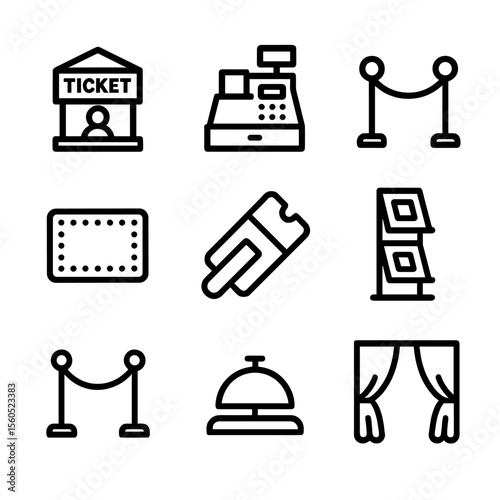 Box Office Icons. Outline icon set of box office essentials: ticket booth, cash register, queue barrier, marquee sign, ticket