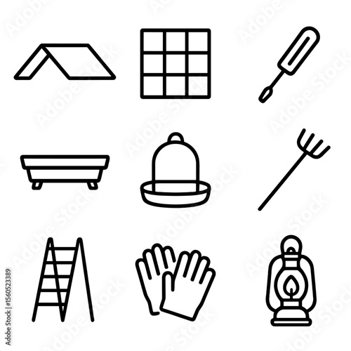 Chicken Coop Maintenance Icons. Outline icon set of chicken coop maintenance: coop roof, wire mesh panel, screwdriver, feed tray,