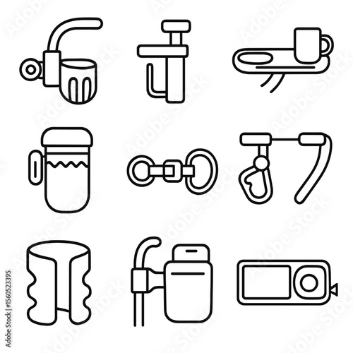 Baby Stroller Accessories. Outline icon set of stroller and baby cup holders: handlebar clamp, universal cup bracket, snack tray