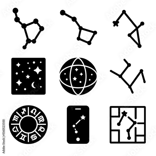 Astronomy Icon Set. Solid, filled icon set of astronomy and constellations: Orion, Big Dipper, Cassiopeia, star map, celestial