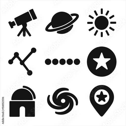 Astronomy Icon Grid. Solid, filled icon set of astronomy and celestial focus: telescope icon, planet center, sunburst,