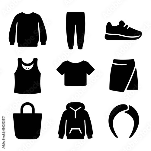 Athleisure Icon Grid. Solid, filled icon set of athleisure wear: oversized sweatshirt, tapered joggers, casual sneakers, mesh tank
