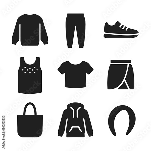 Athleisure Icon Grid. Solid, filled icon set of athleisure wear: oversized sweatshirt, tapered joggers, casual sneakers, mesh tank