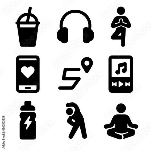 Athleisure Icon Set. Solid, filled icon set of athleisure lifestyle: smoothie cup, headphones, yoga pose, fitness app, running