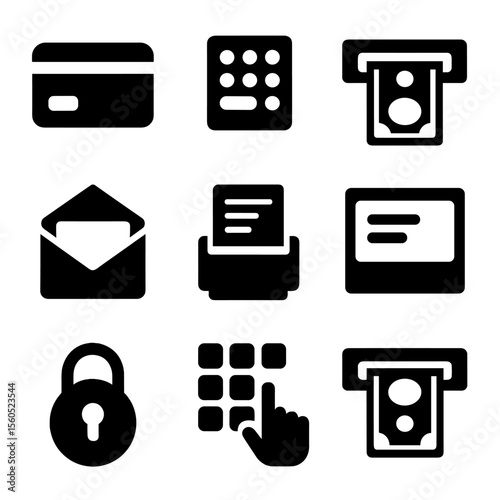 ATM Process Icons. Solid, filled icon set of ATM transaction process: bank card, PIN pad, cash withdrawal, deposit envelope,