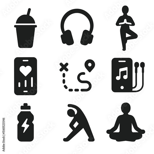 Athleisure Icon Set. Solid, filled icon set of athleisure lifestyle: smoothie cup, headphones, yoga pose, fitness app, running